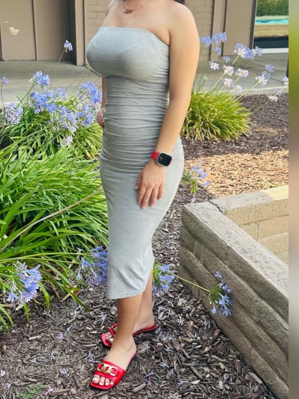 Strapless Bodycon Midi Dress in Light Gray